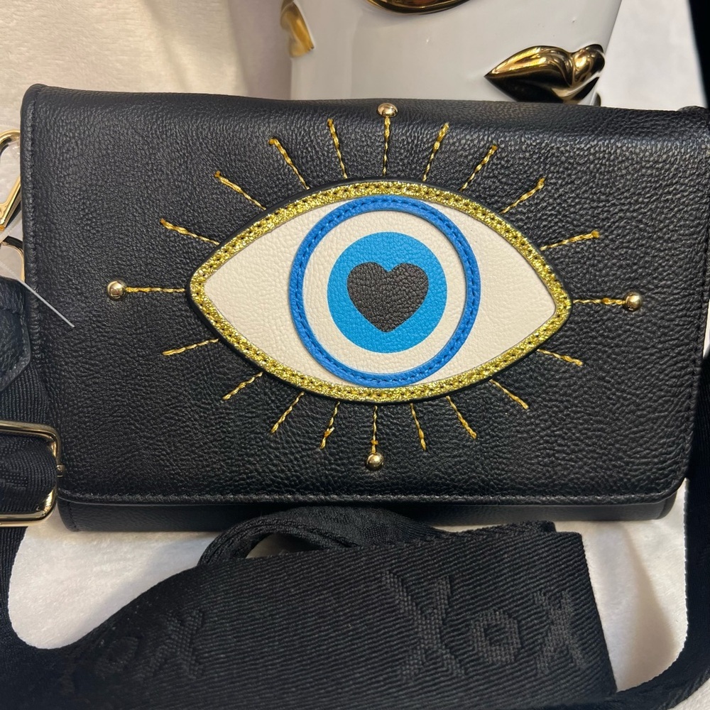 Betsey Johnson Black Crossbody Bag with Blue & White Eye Motif - Picture 6 of 13
